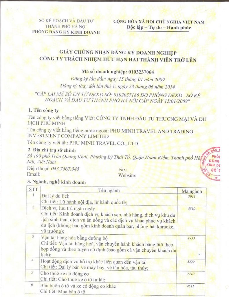 Đăng ký kinh doanh cho thuê xe Phú Minh